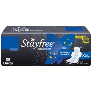 Stayfree advanced all nights sanitary pads, 28 pcs MRP Rs 355