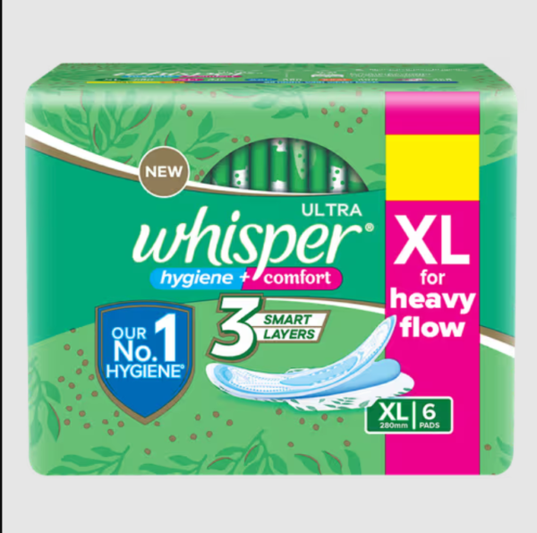Whisper hygiene comfort sanitary pads xl,6pads MRP Rs 60
